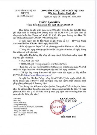 Thông báo khẩn về địa điểm liên quan đến bệnh nhân COVID-19