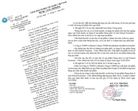 Thu hồi và tiêu hủy dung dịch vệ sinh Natural Feminine kém chất lượng